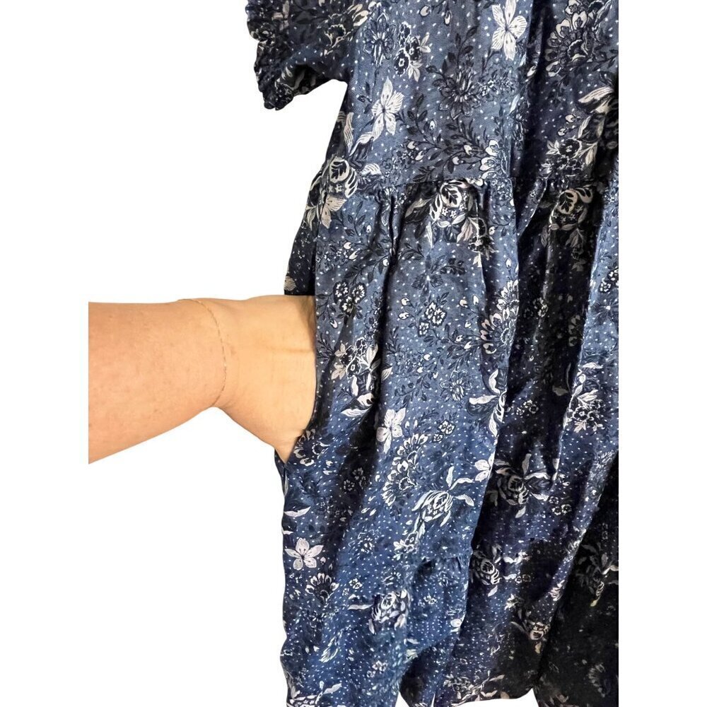Torrid Dress Milkmaid 2X Blue Floral Mini Chambray Puff Sleeve Smocked Feminine - Picture 7 of 16